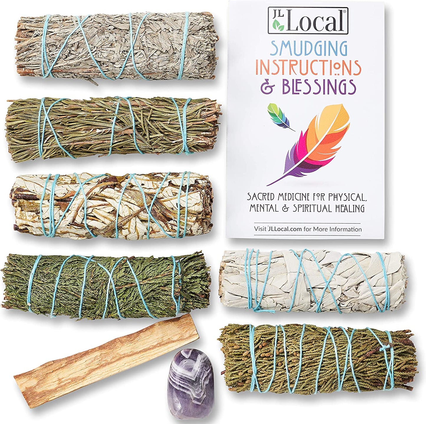 Sage Variety Smudge Kit - White Sage, Blue Sage, Cedar, Juniper, Yerba Santa, Palo Santo, Rosemary, Abalone Shell, Stand, Feather & Instructions | Smudging Kit, Sage Bundle, Smoke Cleanse