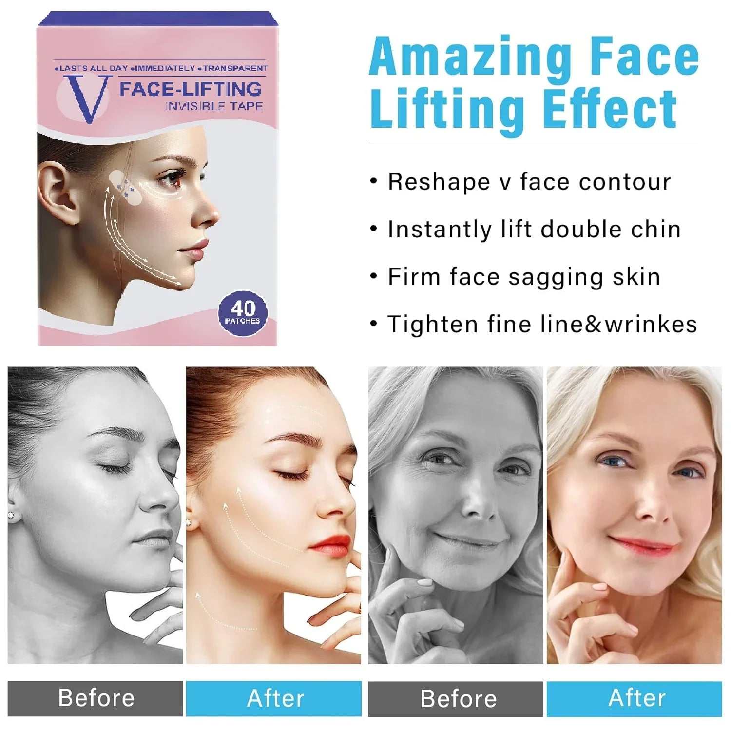 Face Tape,Face Lift Tape Invisible Instant V-Shaped Face for Wrinkles,40 PCS