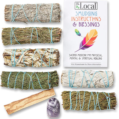 Sage Variety Smudge Kit - White Sage, Blue Sage, Cedar, Juniper, Yerba Santa, Palo Santo, Rosemary, Abalone Shell, Stand, Feather & Instructions | Smudging Kit, Sage Bundle, Smoke Cleanse
