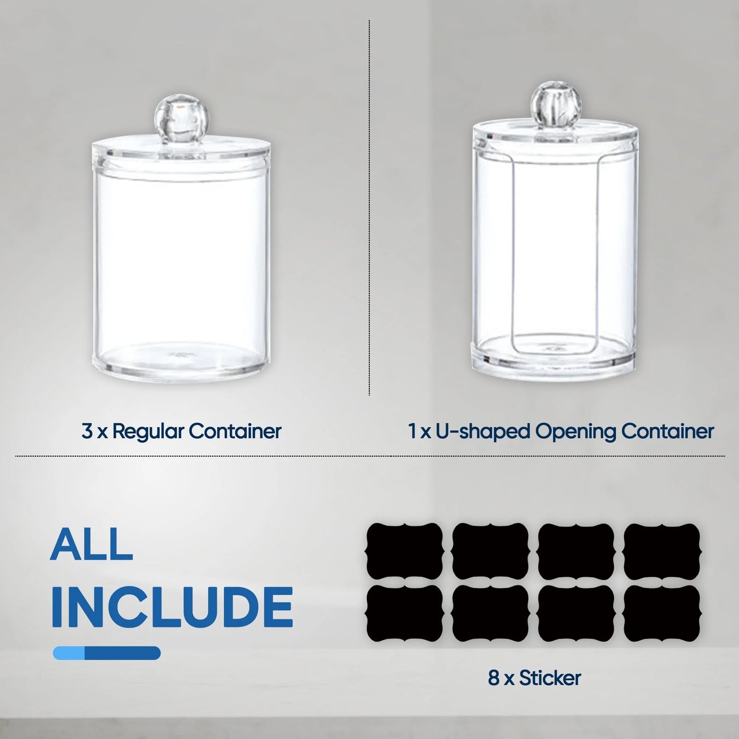 Vanity Jar Storage Set, Bathroom Organizer, Canister Jar, Clear Plastic Apothecary Cup with Lid, Qtip Holder, for Cotton Ball, Swab, round Pads, Q Tip, Floss, 10 Oz (4 Pack)