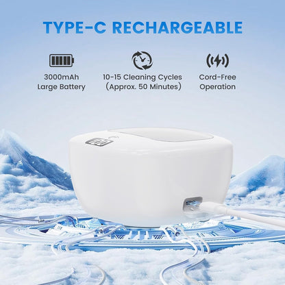 Ultrasonic Retainer Cleaner Machine | Rechargeable | Cordless | IPX7 Waterproof | Portable | 120ML | 2 Modes with Digital Timer for | Denture | Aligner | Night Guard | Mouth Guard | Jewelry | White