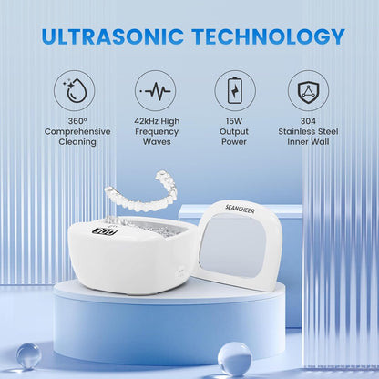 Ultrasonic Retainer Cleaner Machine | Rechargeable | Cordless | IPX7 Waterproof | Portable | 120ML | 2 Modes with Digital Timer for | Denture | Aligner | Night Guard | Mouth Guard | Jewelry | White