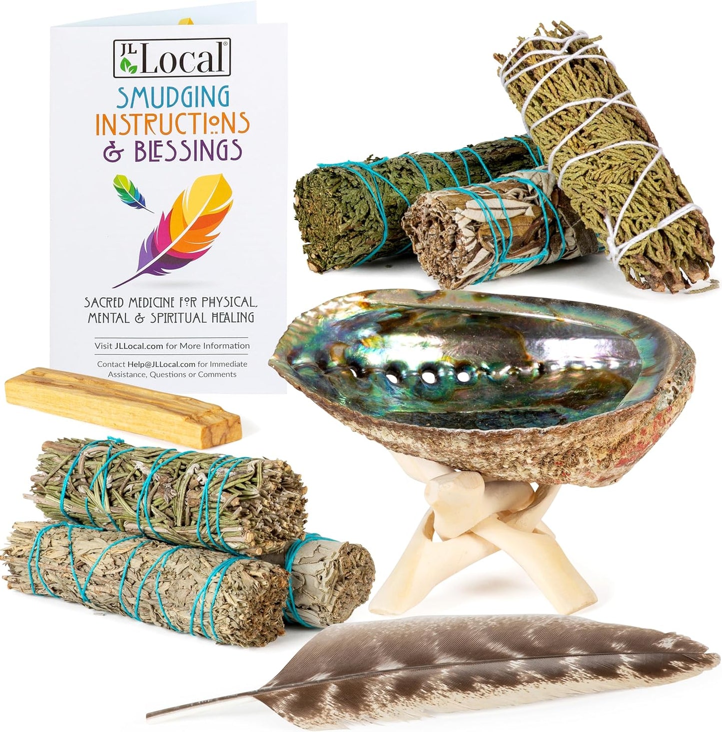 Sage Variety Smudge Kit - White Sage, Blue Sage, Cedar, Juniper, Yerba Santa, Palo Santo, Rosemary, Abalone Shell, Stand, Feather & Instructions | Smudging Kit, Sage Bundle, Smoke Cleanse