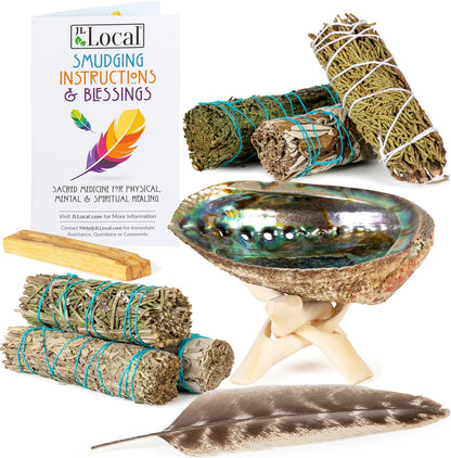 Sage Variety Smudge Kit - White Sage, Blue Sage, Cedar, Juniper, Yerba Santa, Palo Santo, Rosemary, Abalone Shell, Stand, Feather & Instructions | Smudging Kit, Sage Bundle, Smoke Cleanse