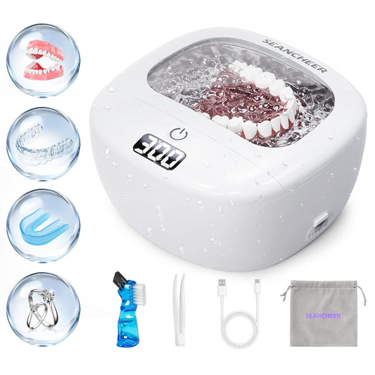 Ultrasonic Retainer Cleaner Machine | Rechargeable | Cordless | IPX7 Waterproof | Portable | 120ML | 2 Modes with Digital Timer for | Denture | Aligner | Night Guard | Mouth Guard | Jewelry | White