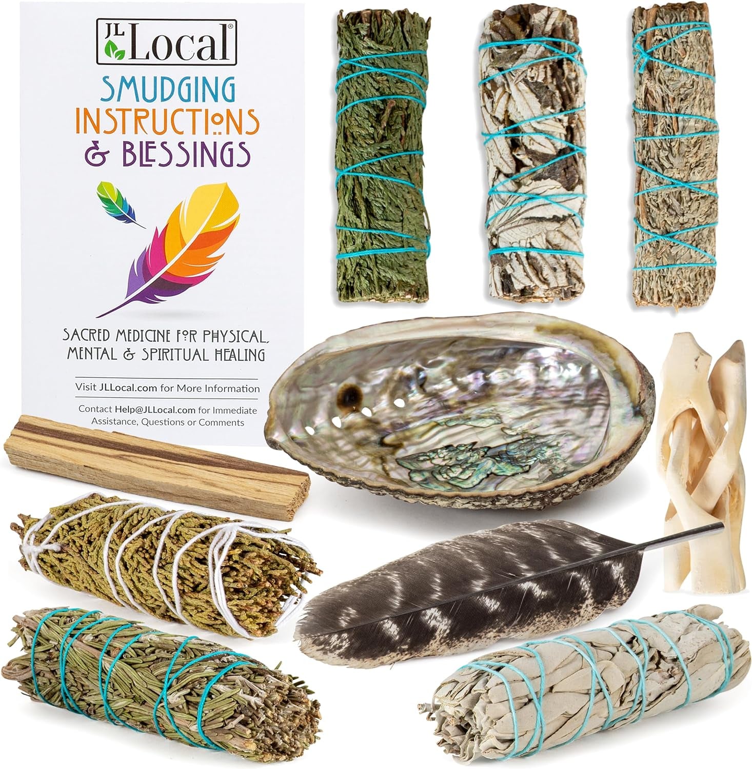 Sage Variety Smudge Kit - White Sage, Blue Sage, Cedar, Juniper, Yerba Santa, Palo Santo, Rosemary, Abalone Shell, Stand, Feather & Instructions | Smudging Kit, Sage Bundle, Smoke Cleanse