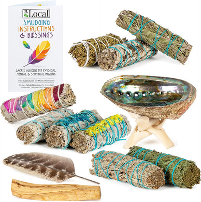 Sage Variety Smudge Kit - White Sage, Blue Sage, Cedar, Juniper, Yerba Santa, Palo Santo, Rosemary, Abalone Shell, Stand, Feather & Instructions | Smudging Kit, Sage Bundle, Smoke Cleanse