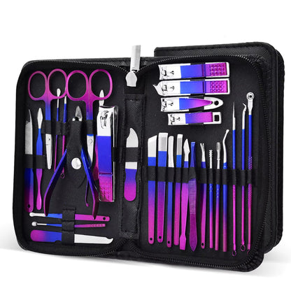 Bangzz Beauty Online – 30-in-1 Stainless Steel Manicure Set | Nail Clippers, Scissors, Cuticle Tools & Grooming Kit (Blue-Red Design)