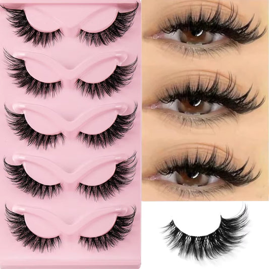 5 Pairs Cat Eye Faux Mink Eyelashes – Natural Long Manga Lashes with Winged Ends for Elongated, Flirty Eyes