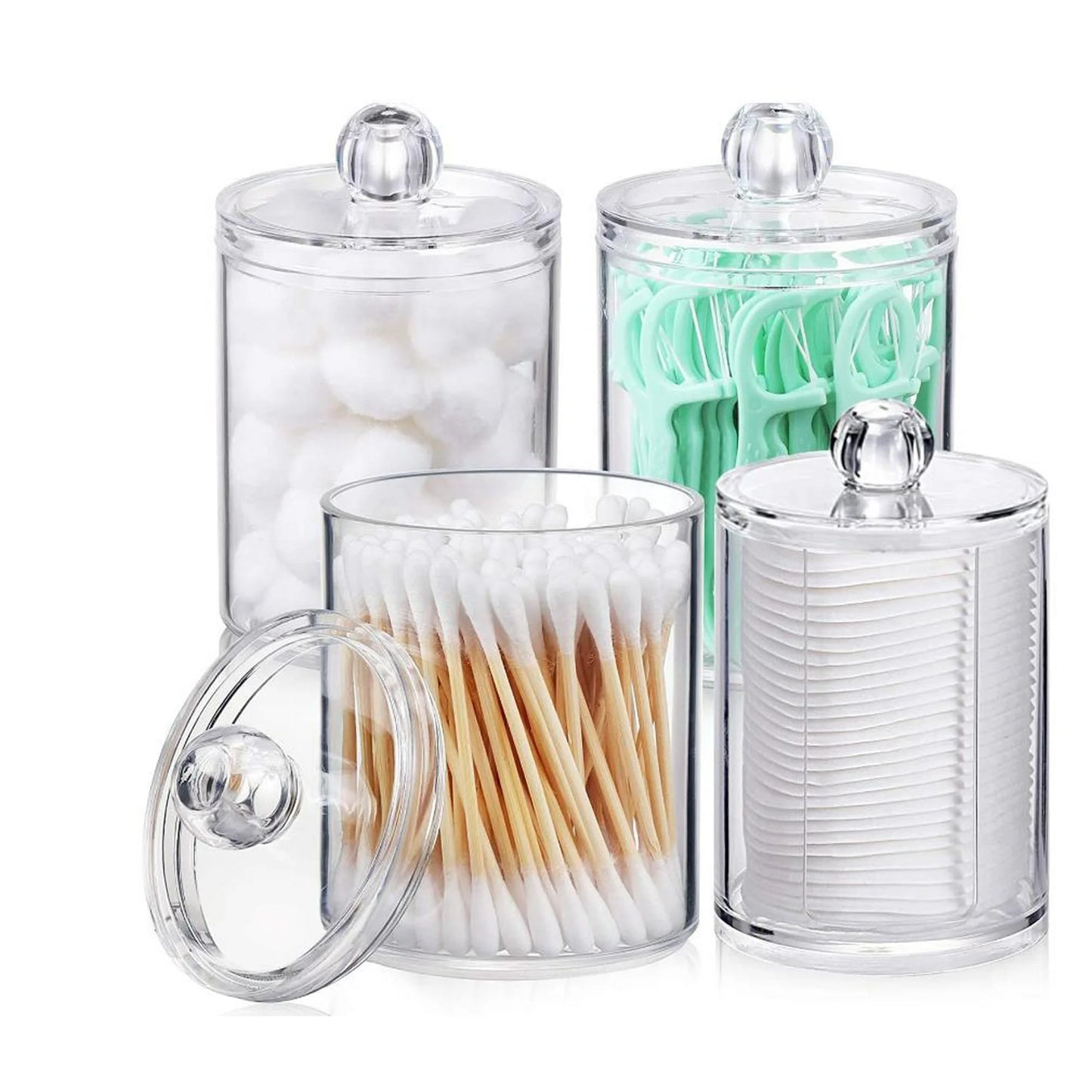 Vanity Jar Storage Set, Bathroom Organizer, Canister Jar, Clear Plastic Apothecary Cup with Lid, Qtip Holder, for Cotton Ball, Swab, round Pads, Q Tip, Floss, 10 Oz (4 Pack)