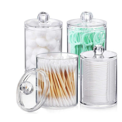Vanity Jar Storage Set, Bathroom Organizer, Canister Jar, Clear Plastic Apothecary Cup with Lid, Qtip Holder, for Cotton Ball, Swab, round Pads, Q Tip, Floss, 10 Oz (4 Pack)