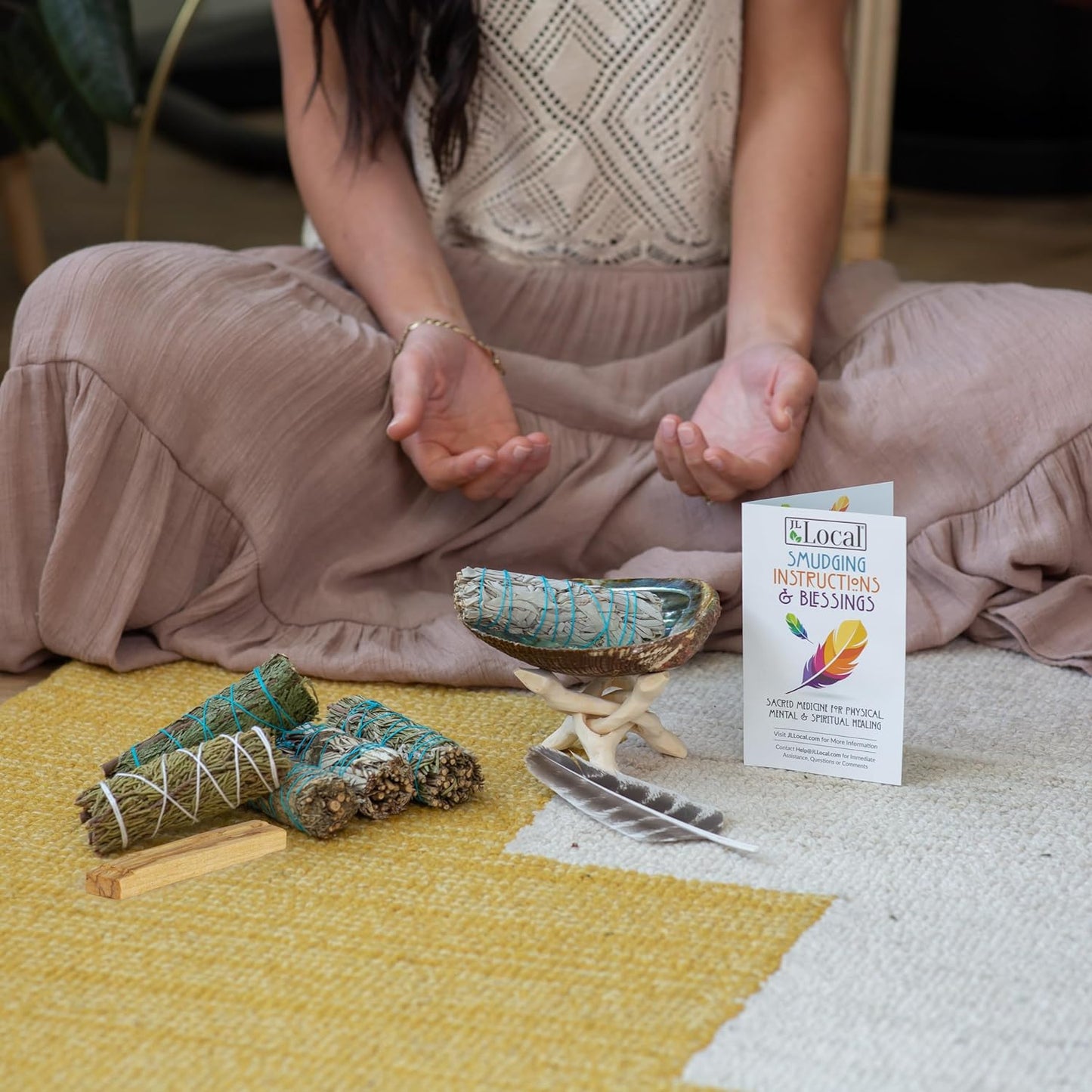 Sage Variety Smudge Kit - White Sage, Blue Sage, Cedar, Juniper, Yerba Santa, Palo Santo, Rosemary, Abalone Shell, Stand, Feather & Instructions | Smudging Kit, Sage Bundle, Smoke Cleanse