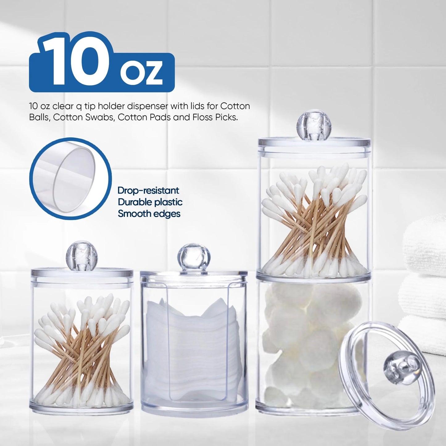 Vanity Jar Storage Set, Bathroom Organizer, Canister Jar, Clear Plastic Apothecary Cup with Lid, Qtip Holder, for Cotton Ball, Swab, round Pads, Q Tip, Floss, 10 Oz (4 Pack)