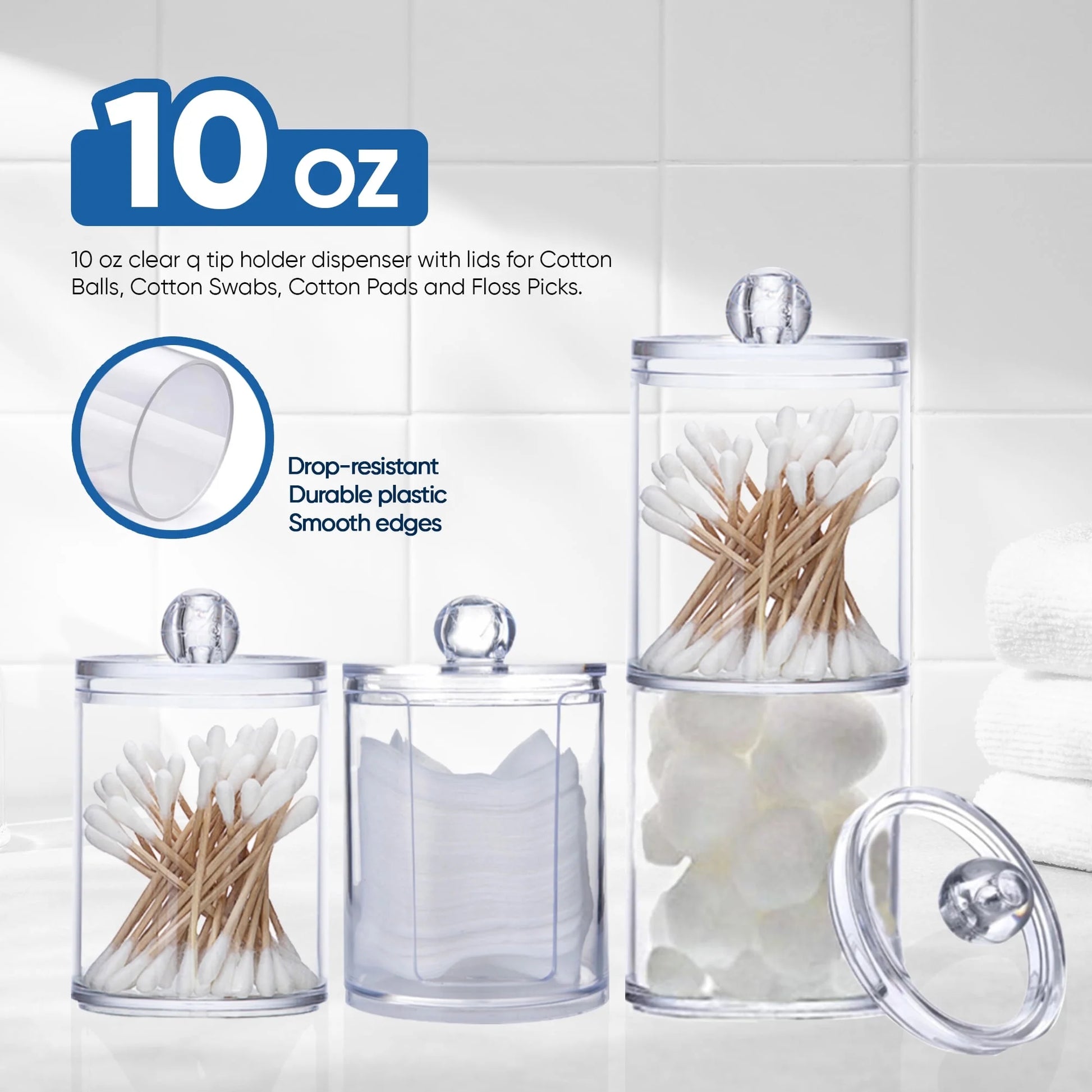 Vanity Jar Storage Set, Bathroom Organizer, Canister Jar, Clear Plastic Apothecary Cup with Lid, Qtip Holder, for Cotton Ball, Swab, round Pads, Q Tip, Floss, 10 Oz (4 Pack)
