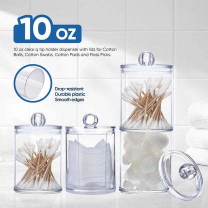 Vanity Jar Storage Set, Bathroom Organizer, Canister Jar, Clear Plastic Apothecary Cup with Lid, Qtip Holder, for Cotton Ball, Swab, round Pads, Q Tip, Floss, 10 Oz (4 Pack)
