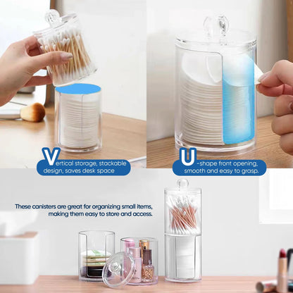 Vanity Jar Storage Set, Bathroom Organizer, Canister Jar, Clear Plastic Apothecary Cup with Lid, Qtip Holder, for Cotton Ball, Swab, round Pads, Q Tip, Floss, 10 Oz (4 Pack)